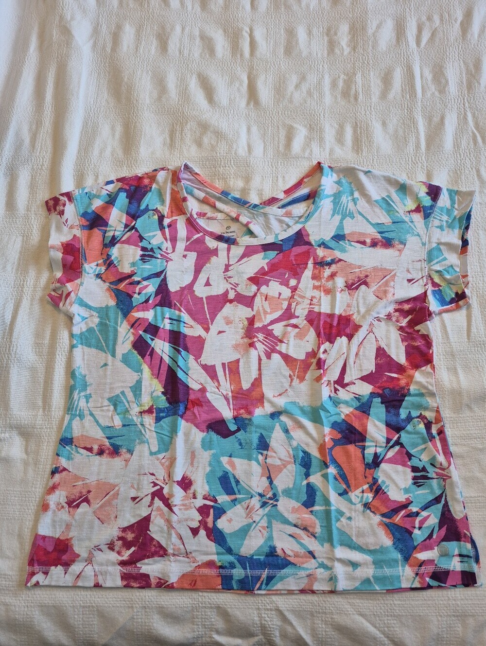 Talbots women's size XL short sleeve shirt crossed back pink teal blue white EUC